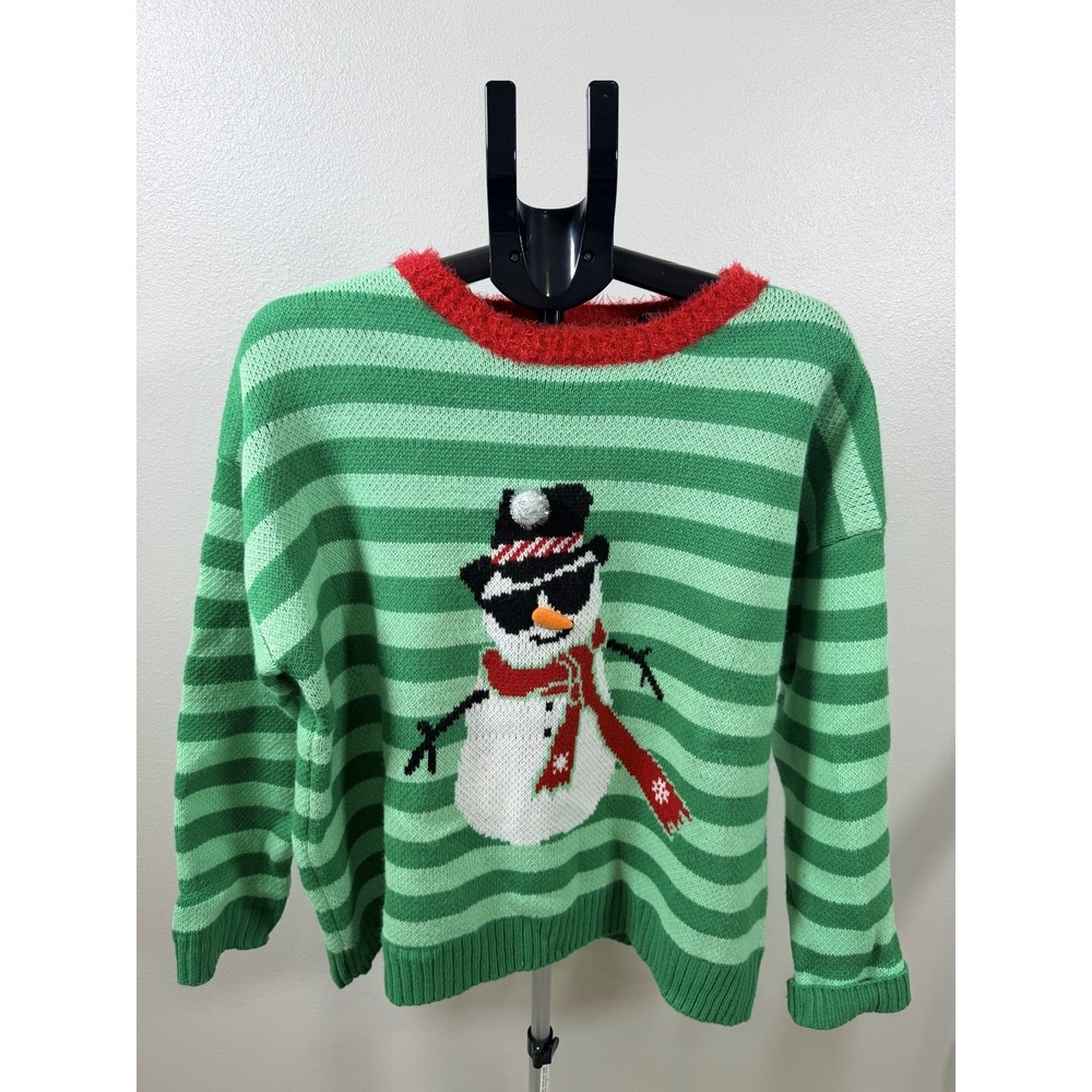33 Degrees Ugly Christmas Sweater Women XL Green Striped Snowman Sunglasses Soft